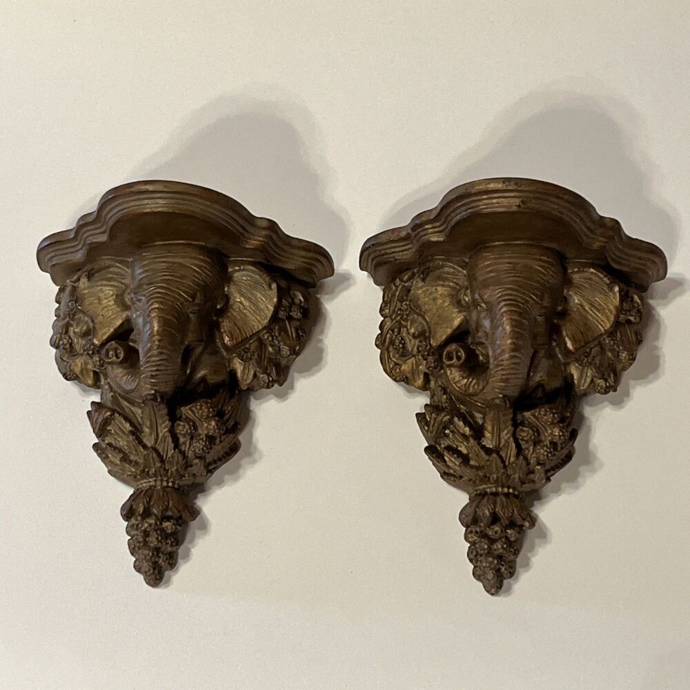 Elephant Head 3D Wall Mounted Resin  Hanging Sculptures Set of 2 Asian Themed